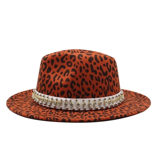 Stylish leopard print fedora hat with white studded rhinestone band and flat wide brim