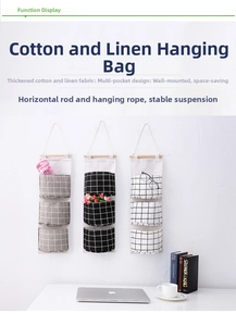 Close-up of cotton linen hanging wall organizer with three pockets and plaid patterns
