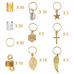 140pcs hair jewelry set with shell leaf star charms and gold silver braid rings