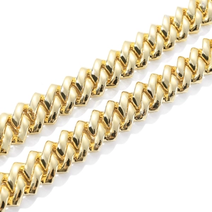 14mm golden hip hop Cuban link necklace with luxury cubic zirconia stones on white background