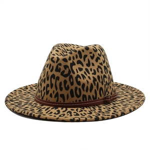 Classic leopard print wool fedora hat with a brown leather belt buckle on white background