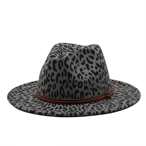 Leopard print wide brim wool fedora hat with brown leather band and gold metal buckle