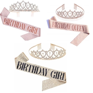 Three-set birthday queen tiara and sash kit in glitter rose gold and gold finishes