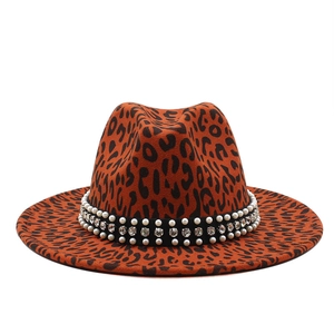 Chapeau fedora en laine léopard chic avec ruban décoratif en perles et strass brillants