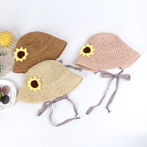 Kids Sun Straw Hat Breathable Paper Straw Sunflower Decor Checkered Ribbon Summer Beach Princess Style