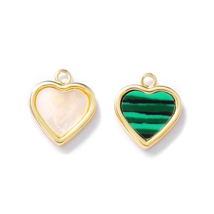 Golden heart pendants with white shell and green malachite inlays for DIY jewelry