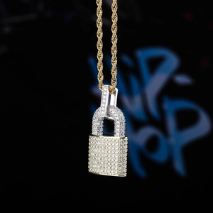 Hip hop two-tone padlock pendant necklace with full cubic zirconia on a gold rope chain
