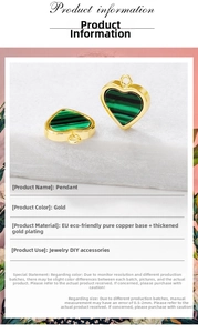 Detailed view of heart-shaped gold plated copper pendant with green malachite texture