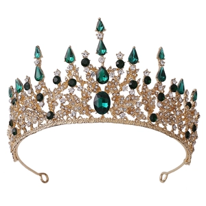 Baroque bridal crown with green crystals and gold leaves for wedding parties