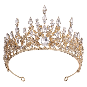 Detailed view of the baroque gold tiara with crystal teardrops and mounting loops