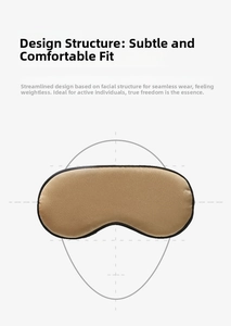 Detail of champagne gold silk sleep mask with black fabric piping and ergonomic design