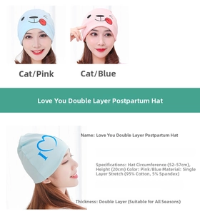 Detail view of cotton maternity hat with cartoon cat pattern and dual-layer stretch fabric