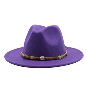 Classic purple wool fedora hat with braided rope band and vintage decorative beads