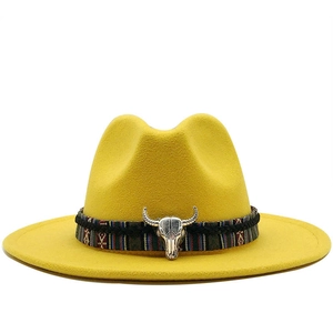 Chapeau Fedora Western Feutre De Laine Large Bord Bande Tissée Ethnique Vintage Crâne De Taureau En Métal Style Cowboy Unisexe