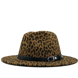 Classic leopard print wool fedora hat with black leather band and silver buckle