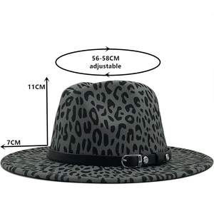 Gray leopard print fedora hat with a black belt buckle and 7cm wide flat brim for women