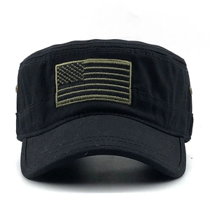 Classic black washed cotton flat top military cap with a vintage American flag patch