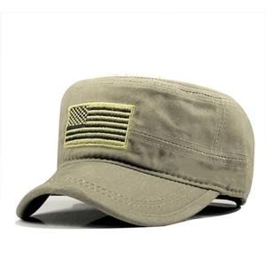 Detailed side view of khaki cotton military flat top hat with US flag embroidery patch