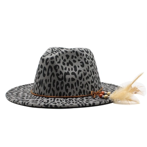 Gray leopard print wool fedora hat with flat brim, brown cord, beads, and feather detail