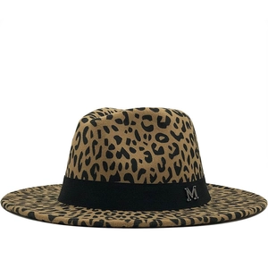 Classic leopard print wool fedora hat with flat brim and silver M metal emblem decoration