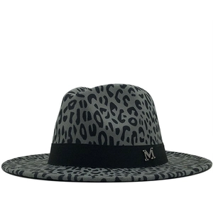 Gray leopard print fedora with black ribbon and silver M metal buckle for women