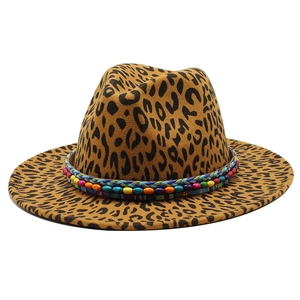Leopard Print Fedora Hat Woolen Felt Wide Brim With Colorful Beaded Band Ethnic Bohemian Jazz Cap For Men Women Travel
