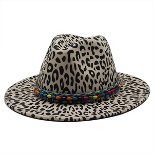 Wide brim leopard print fedora hat with colorful beaded band for men and women