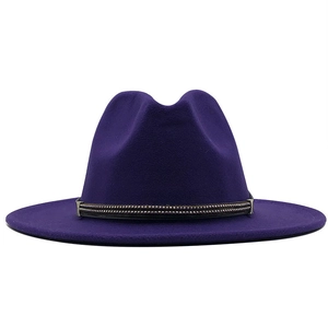 Detailed view of dark purple wool fedora with decorative metal zipper band