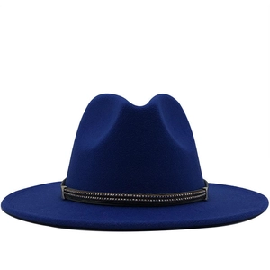 Classic dark blue wool fedora hat with studded decorative band and flat brim for unisex