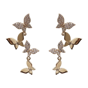 Elegant gold butterfly drop earrings featuring sparkling micro-pave zircon butterfly motifs