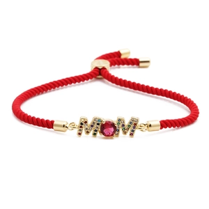 Adjustable red woven bracelet with gold MOM charm and colorful zircon accents
