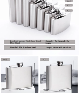 Detailed size chart for 304 brushed stainless steel pocket flasks in various oz capacities