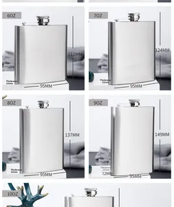 Detailed size chart for 6oz to 10oz brushed stainless steel hip flasks with dimensions