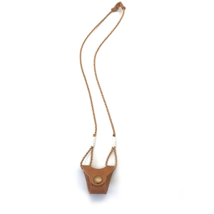 Detail of brown faux leather sunglasses holder with woven lanyard and bronze snap button