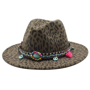Faux wool leopard print fedora hat with turquoise stone and bohemian tassel trim