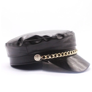 Classic black PU leather baker boy hat with a chunky gold chain and star buttons
