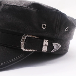 Retro black leather sailor cap with vintage silver buckle and textured pebble finish