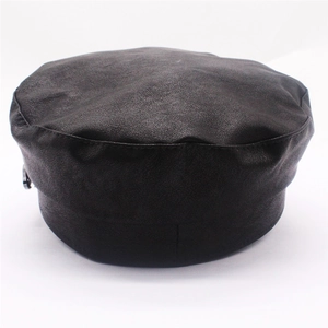 Classic black PU leather newsboy cap with structured vintage flat top for women