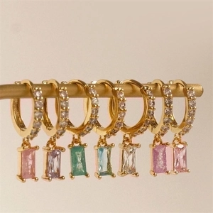 Brass Zirconia Rectangle Gem Dangle Earrings Gold Plated Multicolor Huggie Hoop Earrings For Women Minimalist Jewelry