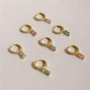 Colorful zircon hoop earrings in gold plated brass with multi-color rectangular pendants