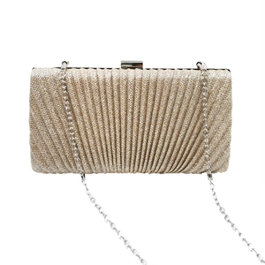 Champagne gold sequin clutch bag with pleated texture and silver metal chain strap