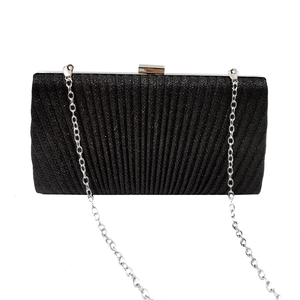 Sparkly black pleated evening clutch bag with rectangular silver clasp and chain strap