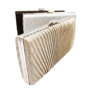 Glitter pleated evening clutch bags in gold, silver and black with chain shoulder strap