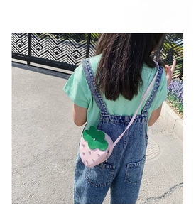 Strawberry shape mini crossbody bag with green leaf detail and sparkling studs for kids