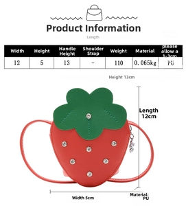 Size chart showing child strawberry bag dimensions: 12cm length, 13cm height, and 5cm width
