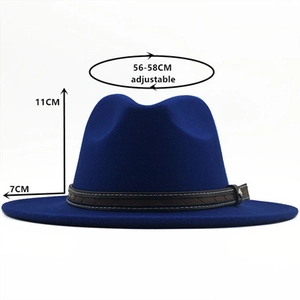 Detail view of royal blue fedora hat with size dimensions 56-58cm and braided belt