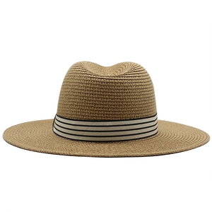Classic straw fedora hat with black and white striped band for summer sun protection