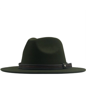 Classic dark green wool fedora hat with flat wide brim and brown leather braided band