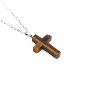 Stainless steel chain necklace with tiger eye stone cross pendant in brown and gold