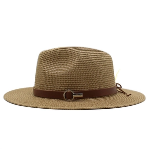 Classic khaki Panama straw hat with a brown leather band and metal buckle for sun protection